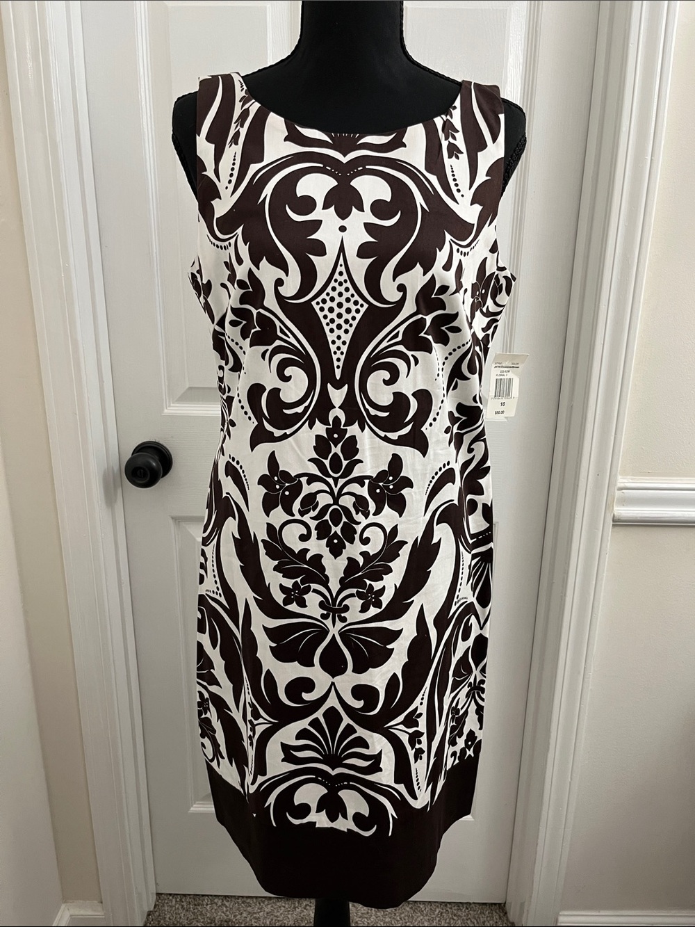 B. Smart White Midi Dress with Brown Baroque Print